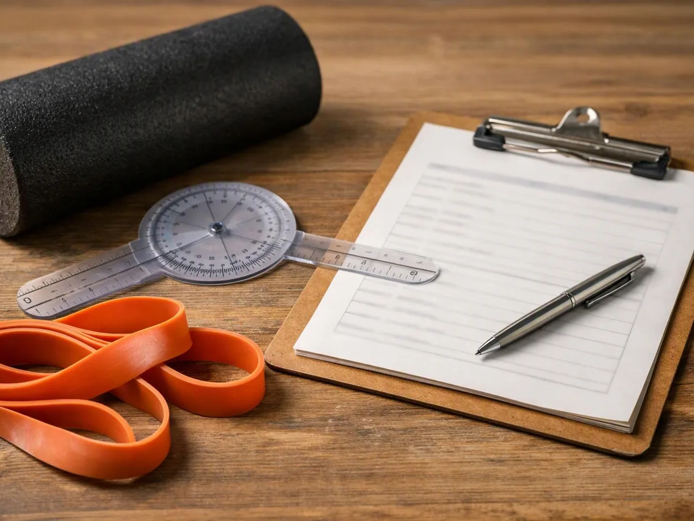A clipboard with blank paper, a pen, ruler, orange resistance bands, and a black foam roller sit on a wooden table