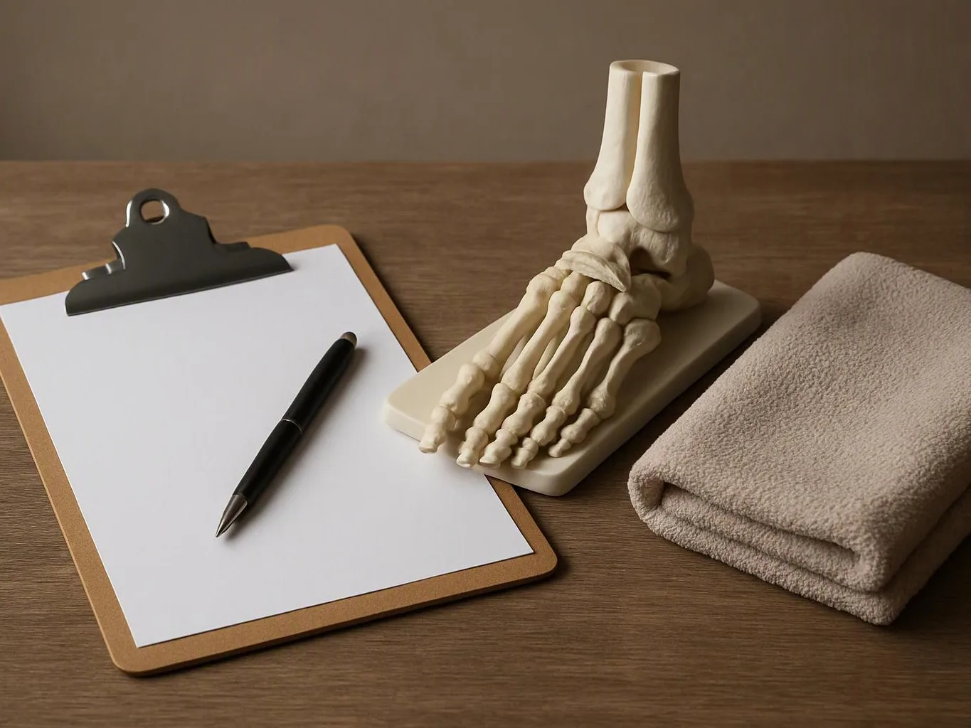 A clipboard with blank paper and pen sits beside a foot bone model and folded towel on a wooden table