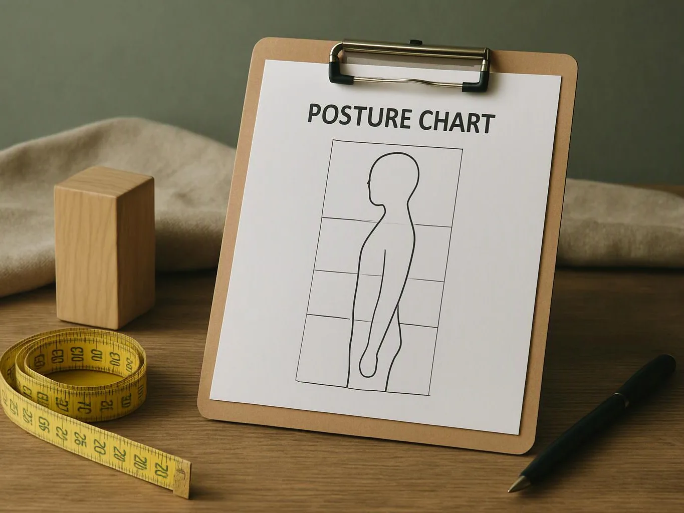 A clipboard holds a posture chart beside a measuring tape, wooden block, and pen on a table