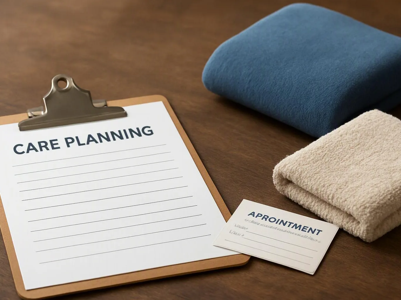 A clipboard shows a care planning sheet beside folded towels and an appointment card on a wooden table