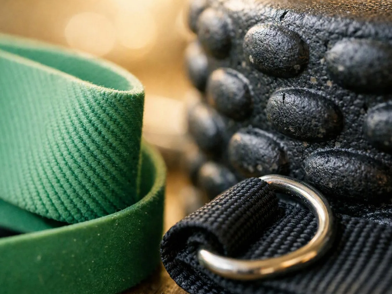 Close-up of a green woven strap and black textured gear strap with a metal ring on a warm surface