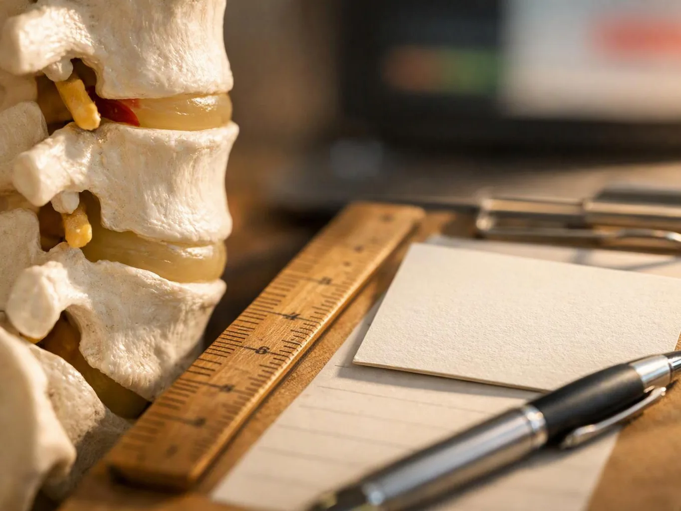 Close-up of spine bones beside a wooden ruler, blank paper, and a pen on a desk