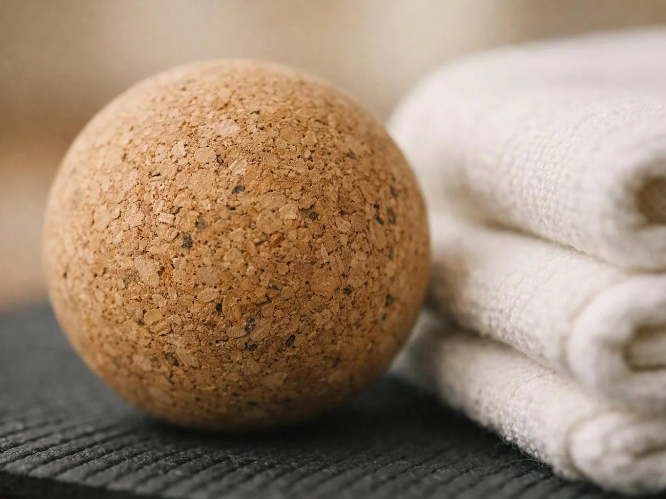 A cork massage ball sits beside folded white towels on a dark textured surface