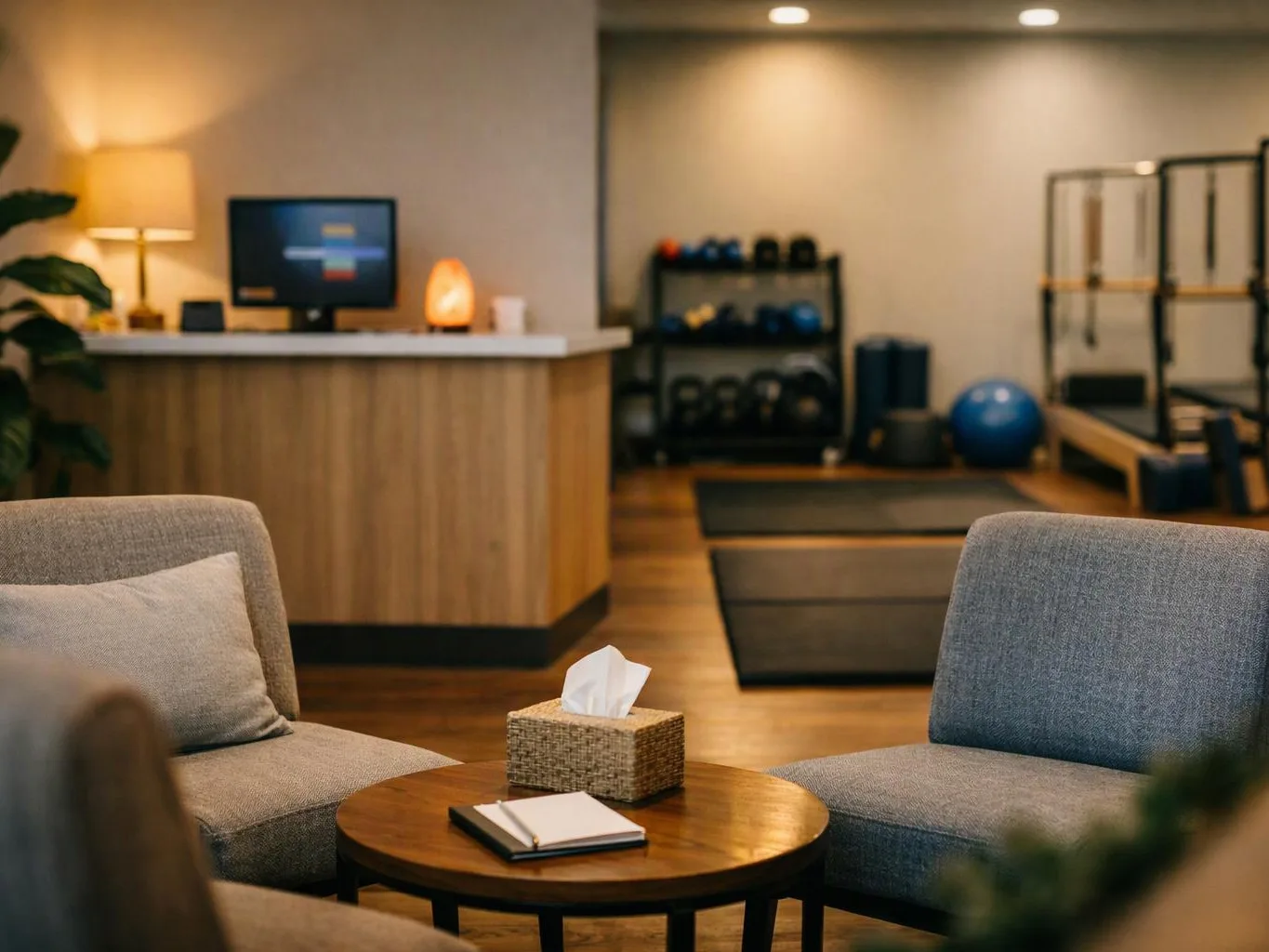 A cozy lounge with gray chairs, a wooden table, a reception desk, and gym equipment in the background