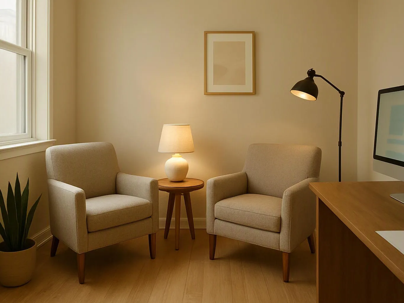 A cozy room has two beige armchairs, a glowing table lamp, a floor lamp, and a desk beside a window