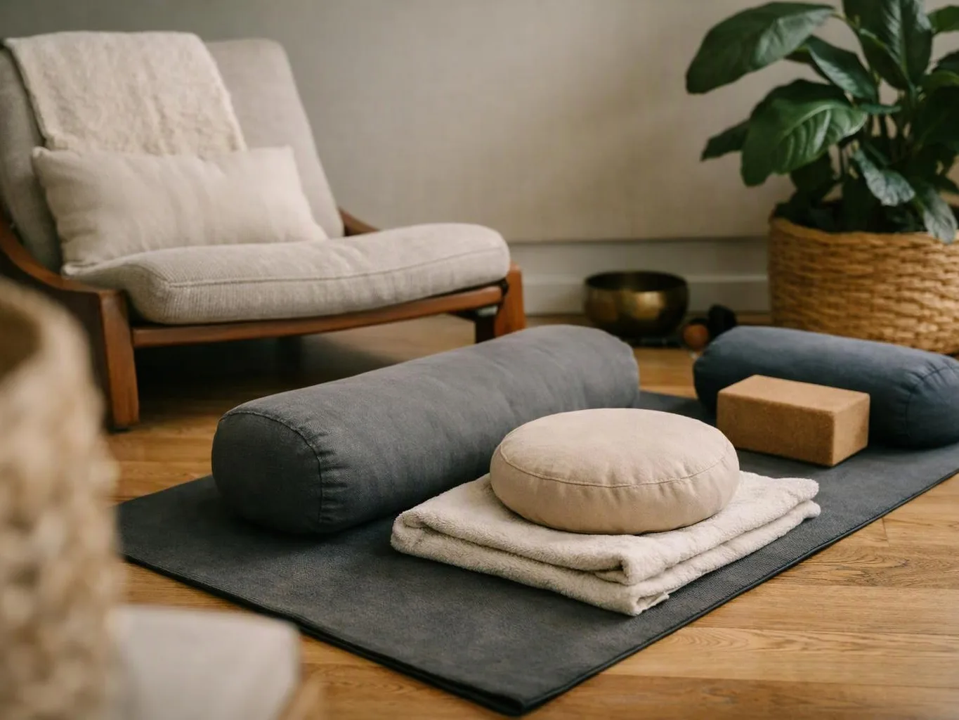 A cozy room shows meditation props on a mat beside a cushioned chair and a potted plant