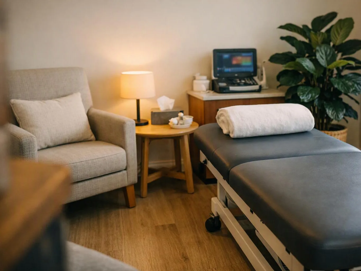 A cozy treatment room shows an armchair, lamp, exam table with a rolled towel, and a potted plant