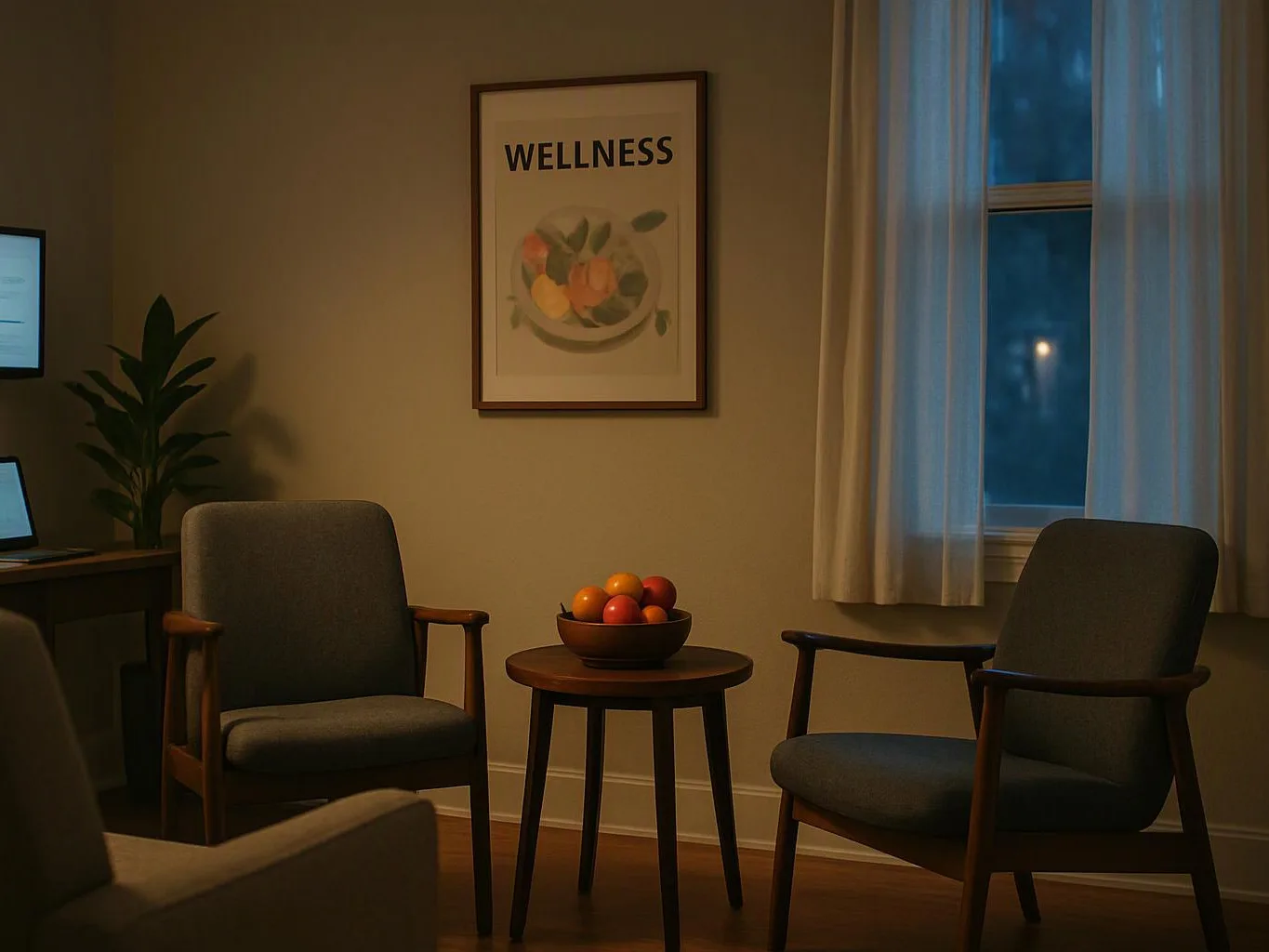 A cozy waiting room has two gray chairs, a fruit bowl on a small table, and a framed wellness poster on the wall