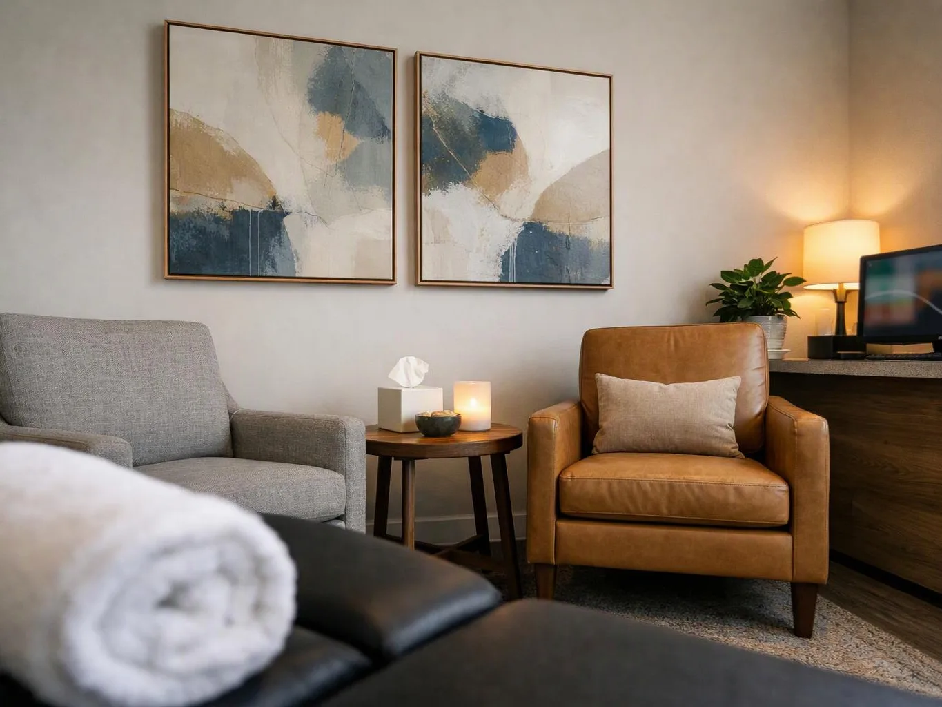 A cozy waiting room shows two chairs, a side table with candles, abstract wall art, and a glowing lamp