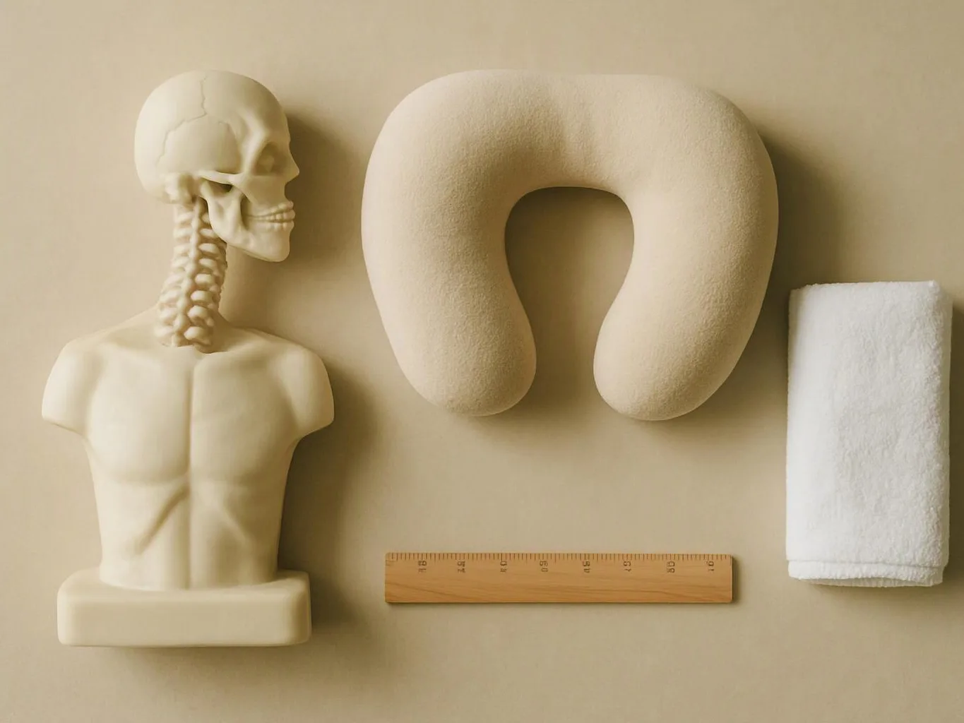 A cream skeleton bust, U-shaped cushion, folded towel, and wooden ruler are arranged on a beige background