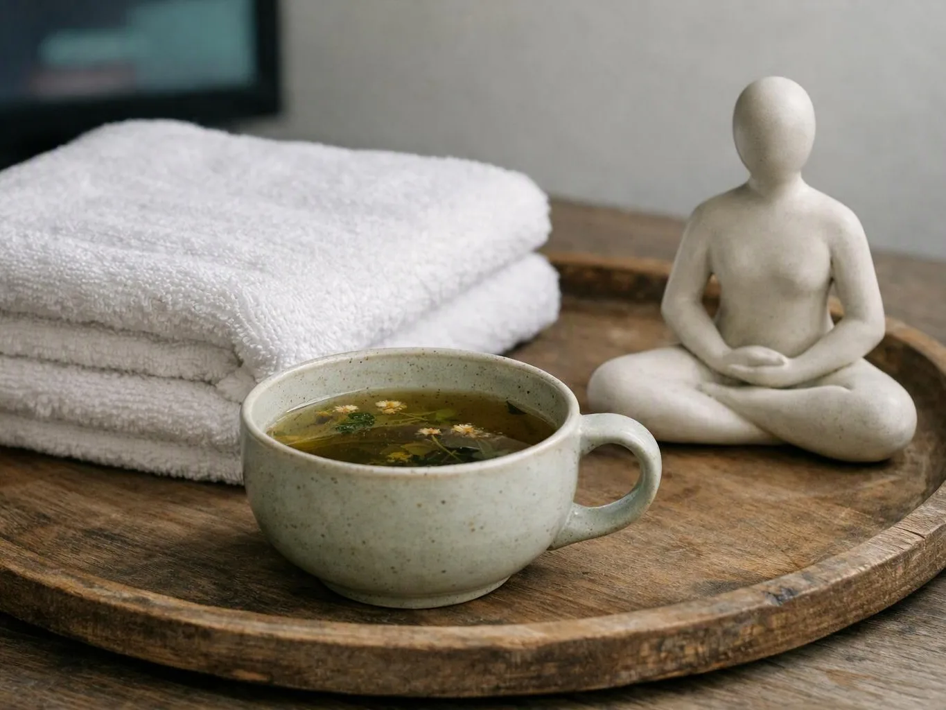 A cup of herbal tea sits beside folded white towels and a seated figurine on a wooden tray