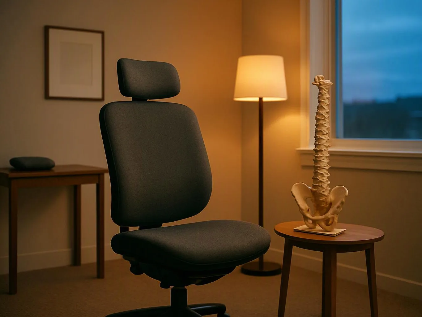A dark office chair sits beside a small table with a spine model, a floor lamp, and a window at dusk