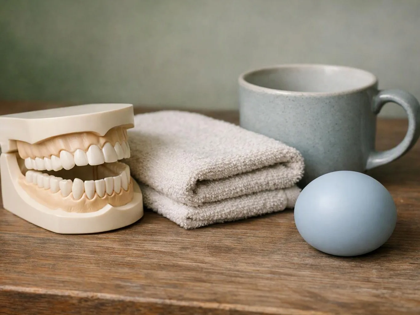 A dental model sits beside folded towels, a gray mug, and a blue ball on a wooden table