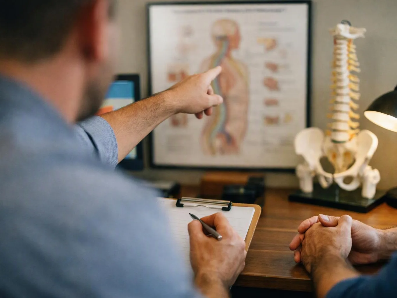A doctor points at a spine chart while taking notes beside a patient in an exam room