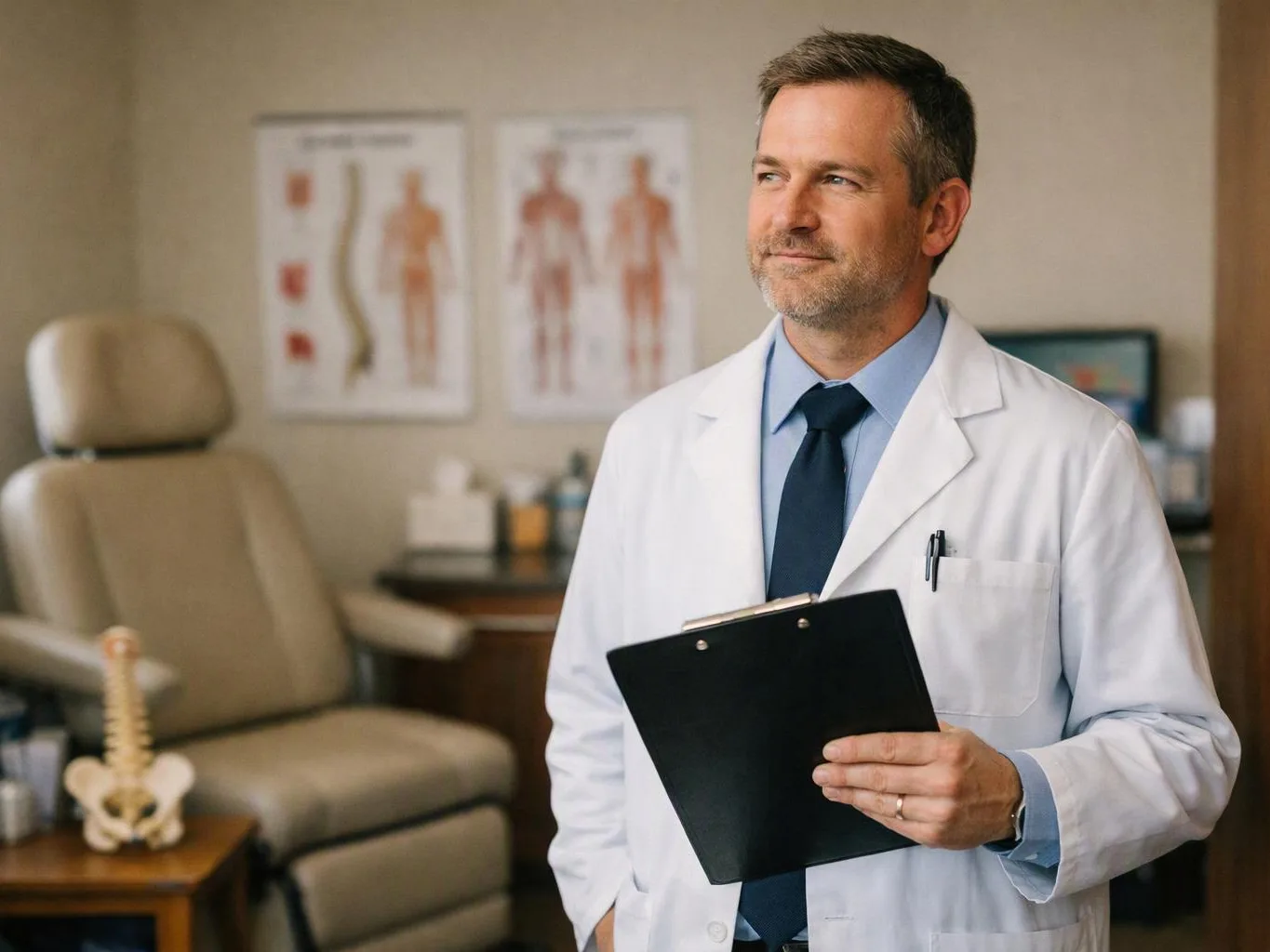 A doctor in a white coat holds a clipboard in a medical exam room