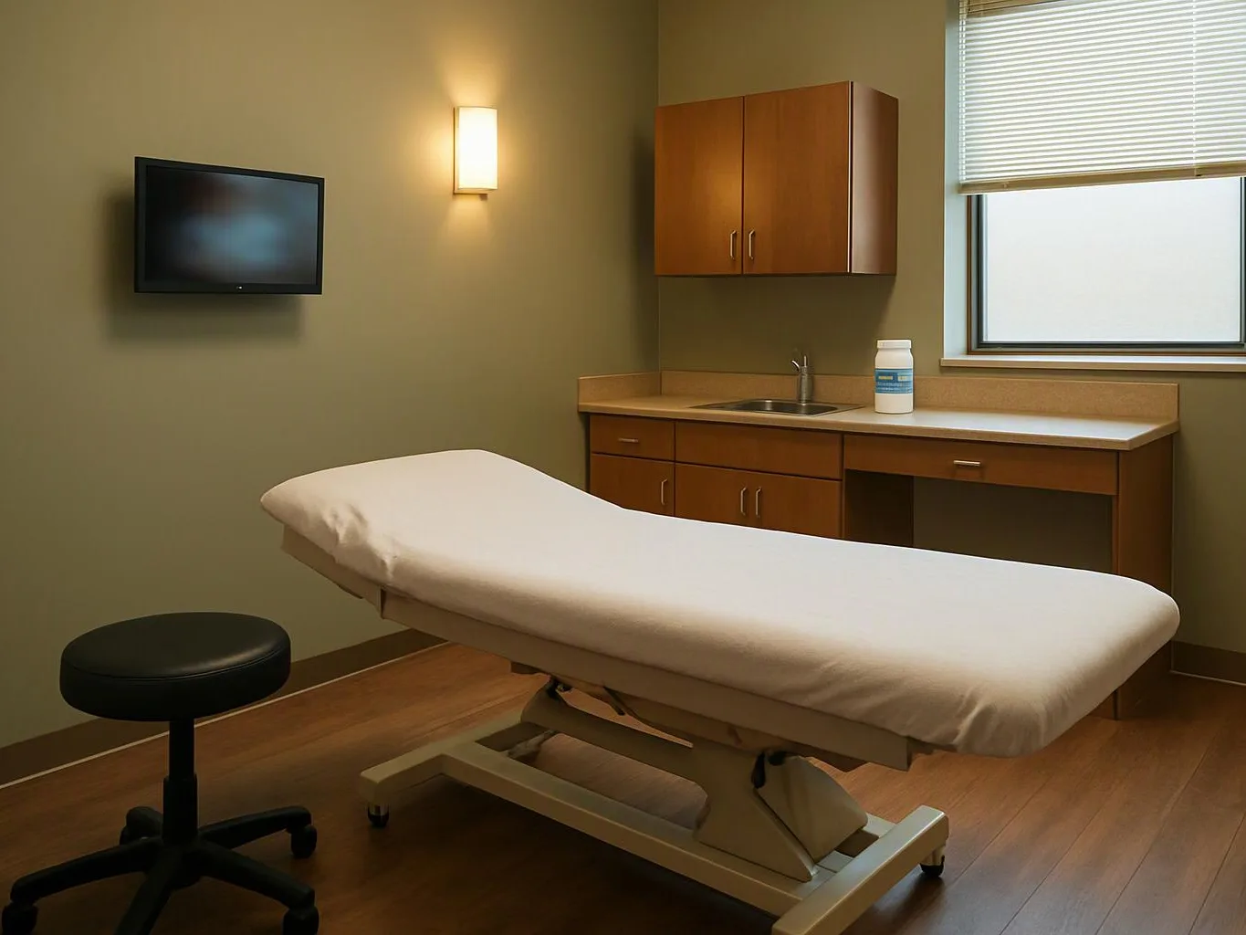 An empty exam room with a padded table, wall-mounted TV, sink cabinets, stool, and window blinds
