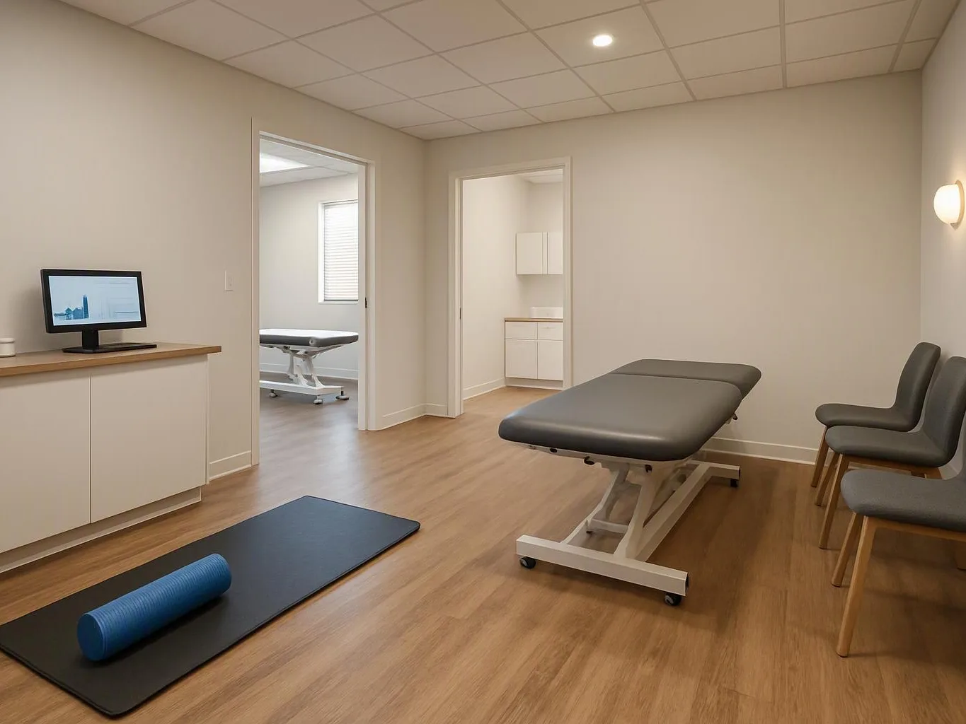 An empty exam room shows two treatment tables, chairs, a monitor, and exercise mats on wood flooring