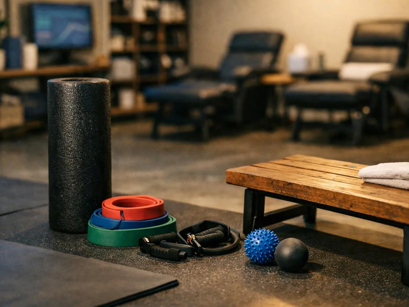 Exercise equipment, foam rollers, resistance bands, and massage balls sit on a gym floor beside a wooden bench