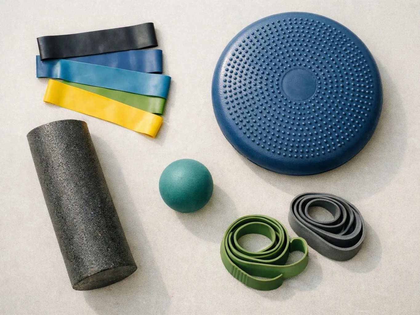Exercise equipment lies on a light floor, including resistance bands, a foam roller, a massage ball, and balance discs