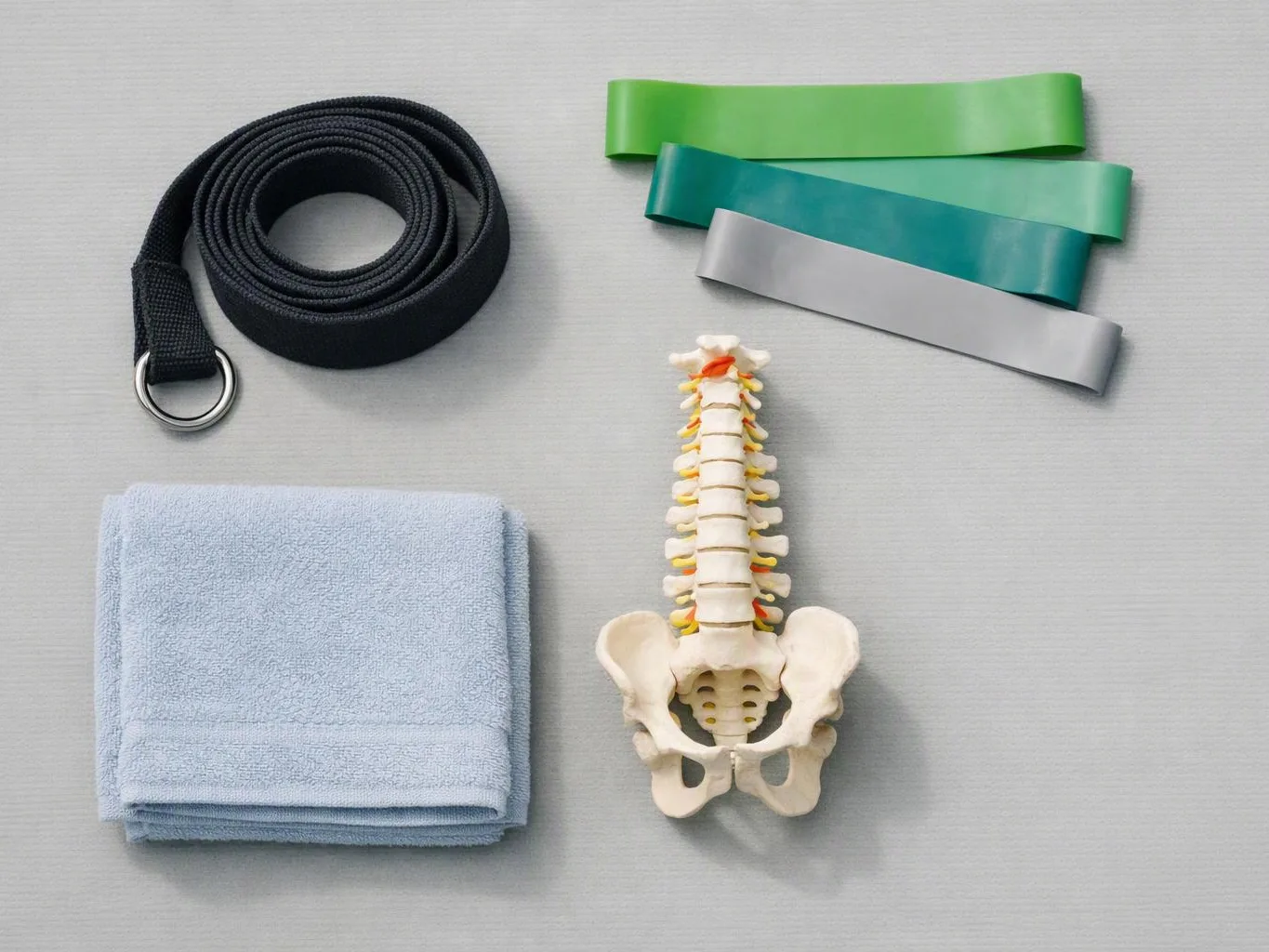 Exercise gear and a spine model are arranged on a light gray mat