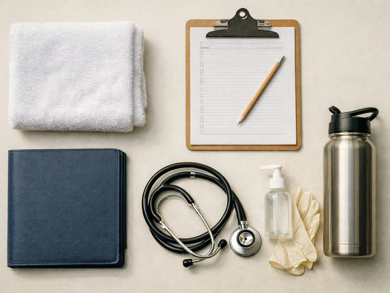 Flat lay of a notebook, towel, clipboard, stethoscope, sanitizer, gloves, water bottle, and a closed blue book