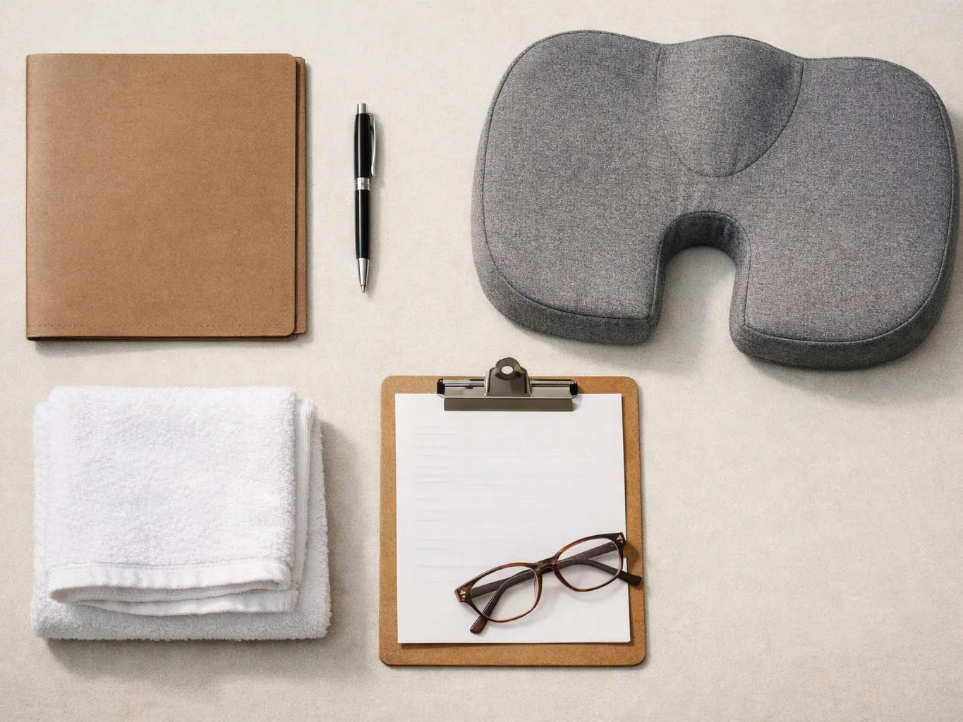 A flat lay shows a notebook, pen, neck pillow, folded towel, and clipboard with glasses on a light surface