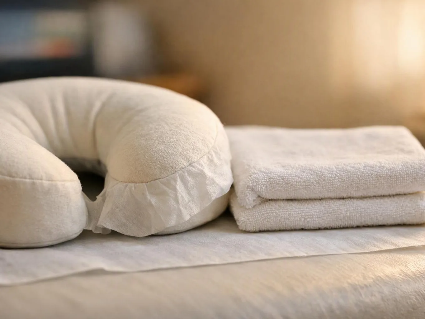A folded white neck pillow sits beside two stacked white towels on a bed or treatment table