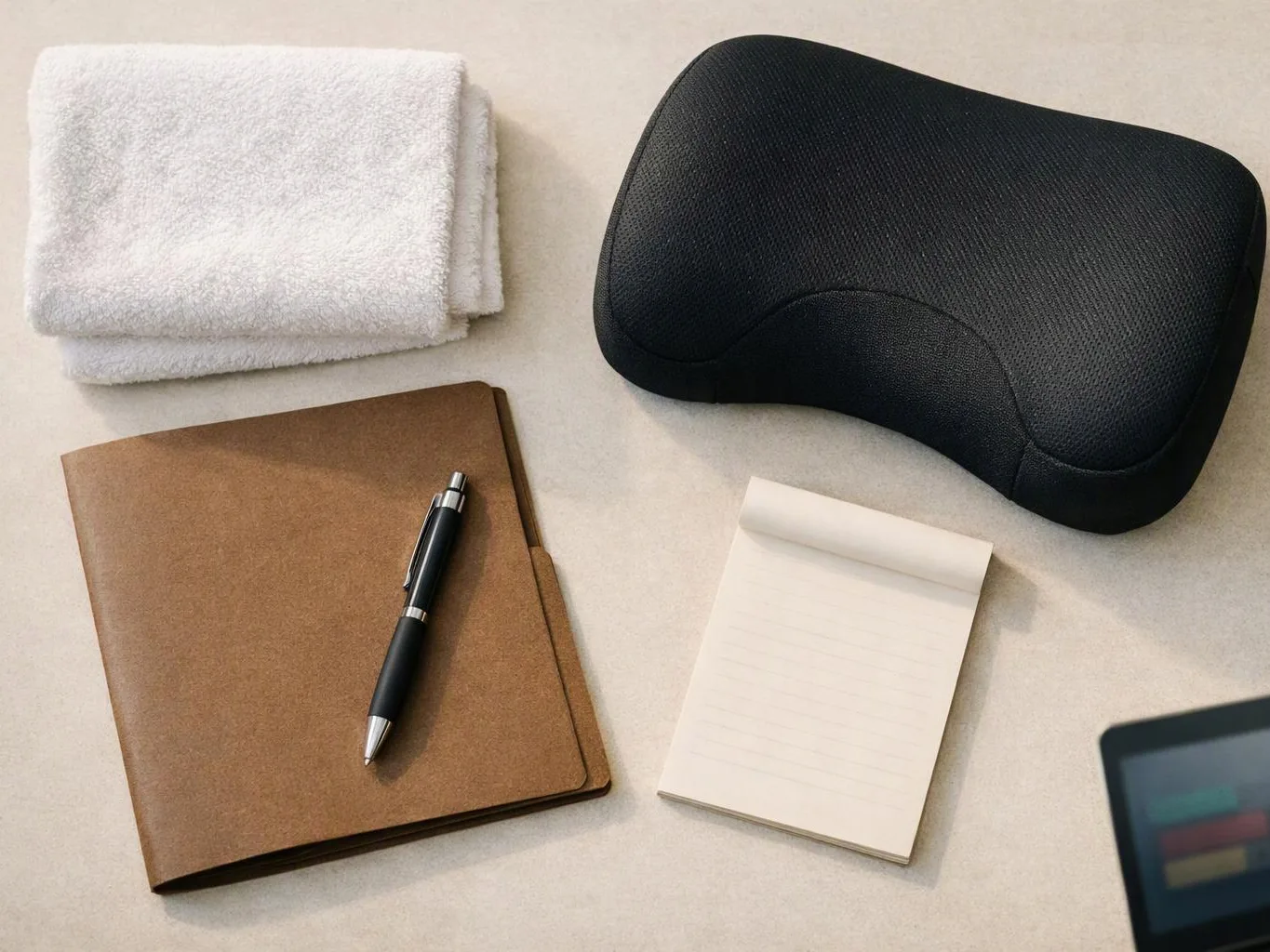 A folded white towel, black neck pillow, brown notebook with pen, and small notepad rest on a light tabletop