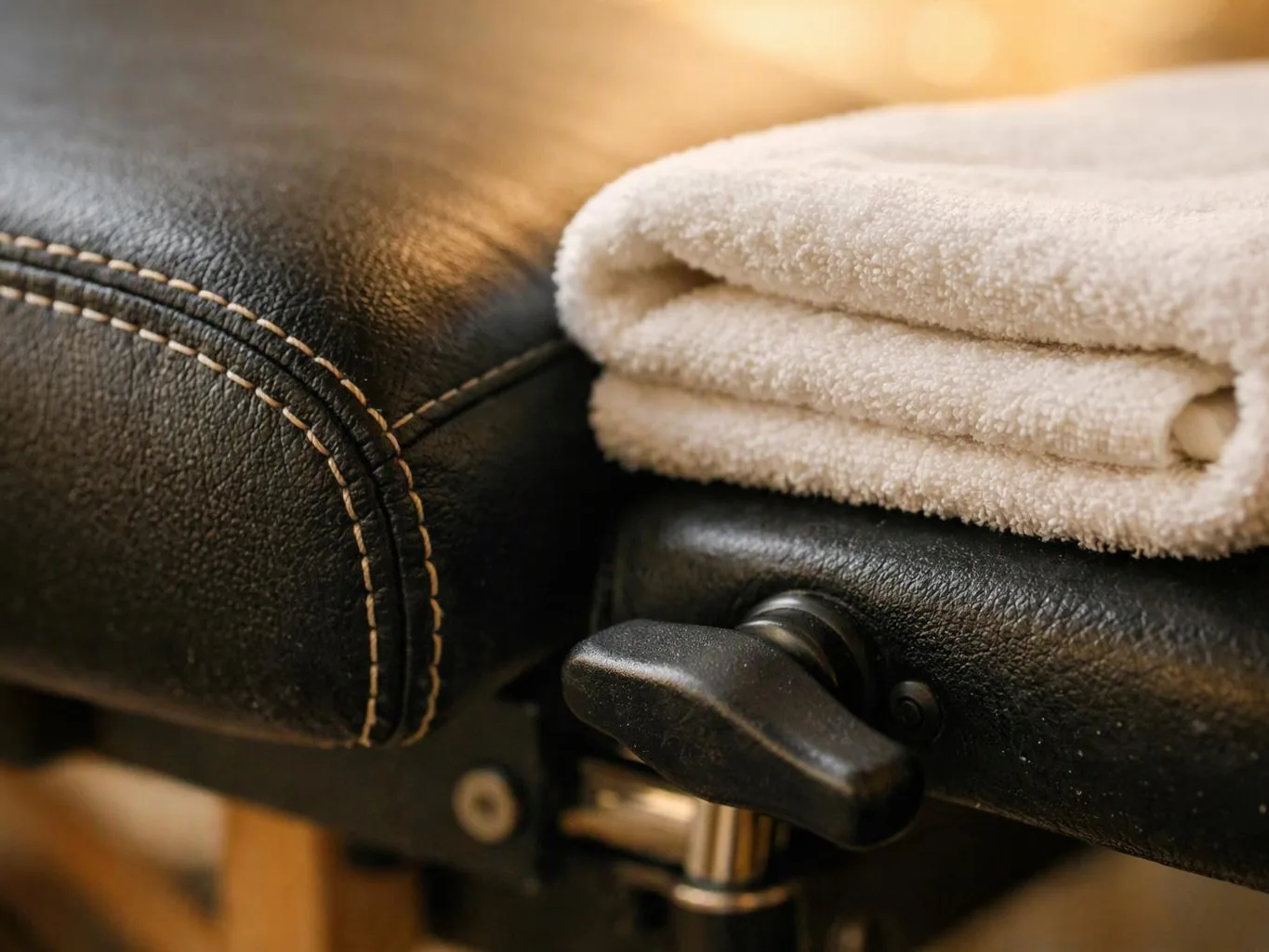 A folded white towel rests on a black leather massage table with stitched seams and an adjustment lever