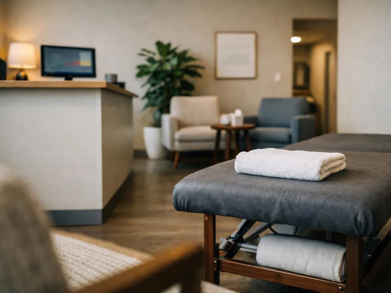 A folded white towel rests on a massage table in a calm, softly lit waiting room