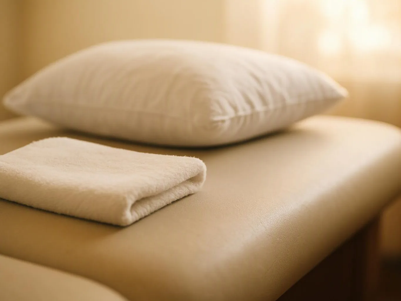 A folded white towel and a white pillow rest on a beige massage table in warm light