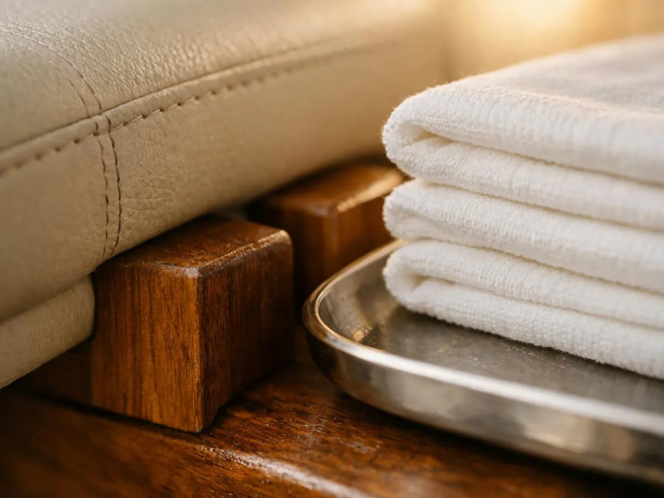 Folded white towels rest on a metal tray beside a beige cushion and wooden blocks