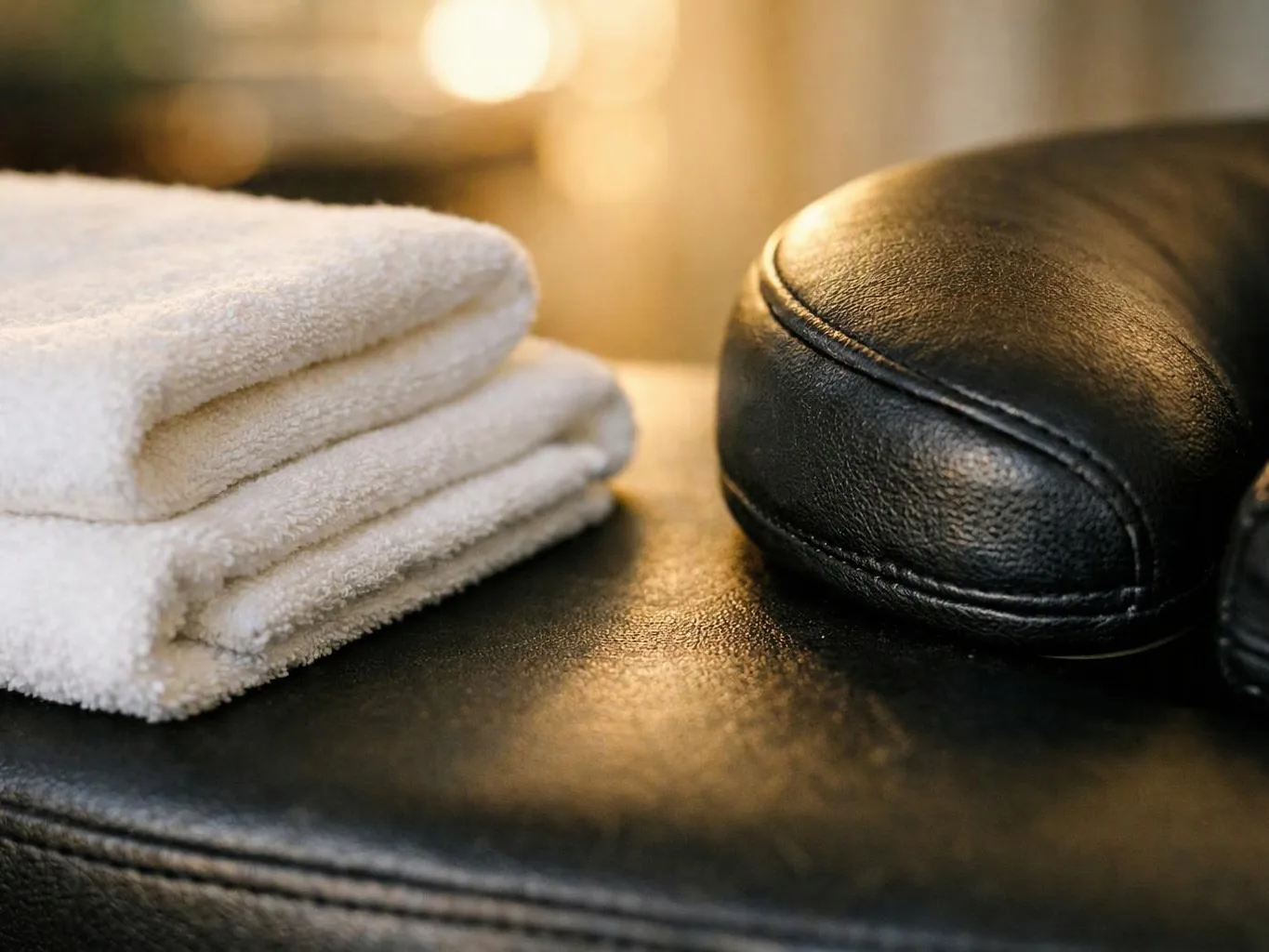 Folded white towels sit beside a black leather cushion on a dark padded surface