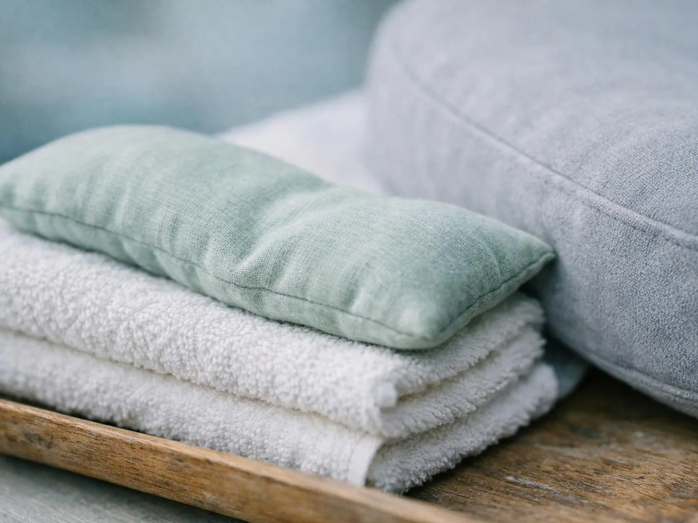 Folded white towels stacked under a pale green cushion on a wooden tray