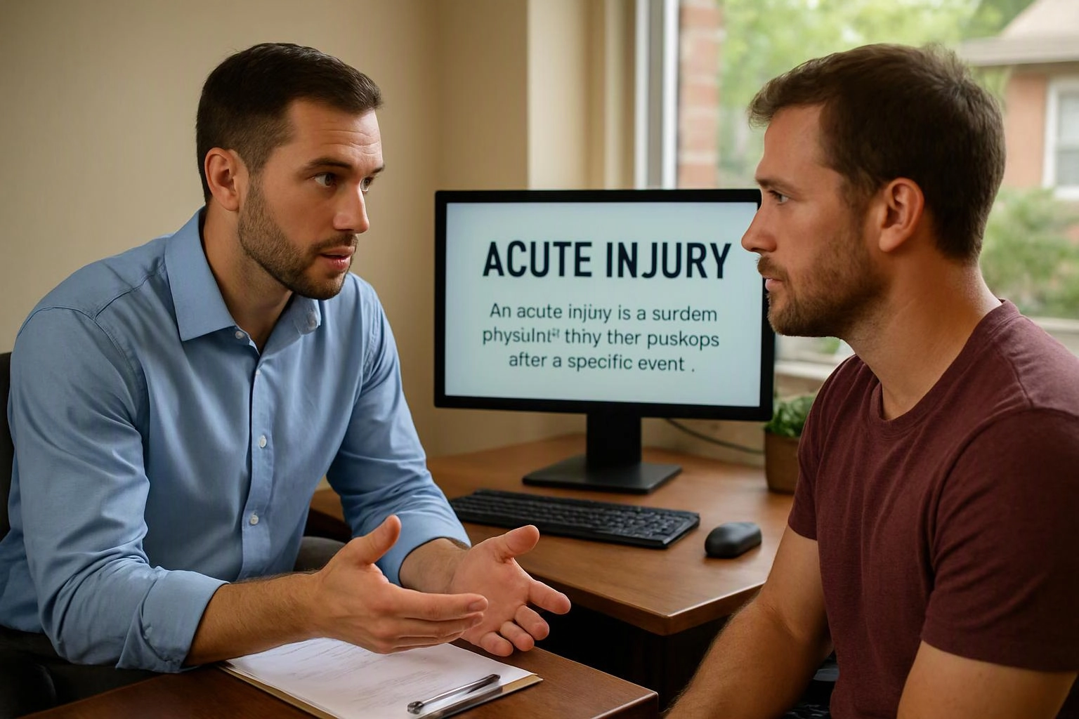 Two men face each other in an office, talking beside a monitor that says “ACUTE INJURY”