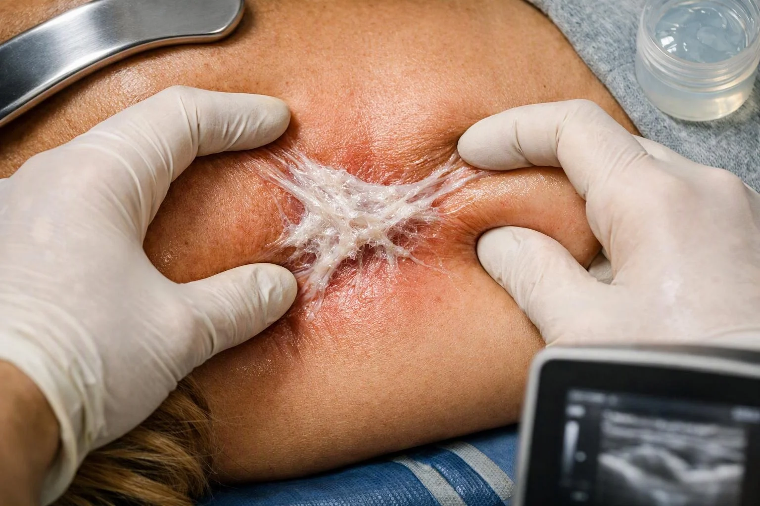 Gloved hands press a gel-covered patch of skin while an ultrasound screen sits beside it