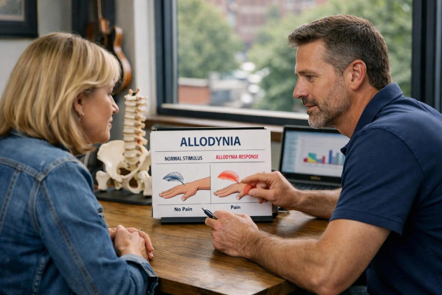 A man points at an allodynia chart while speaking with a woman across a desk in a bright office