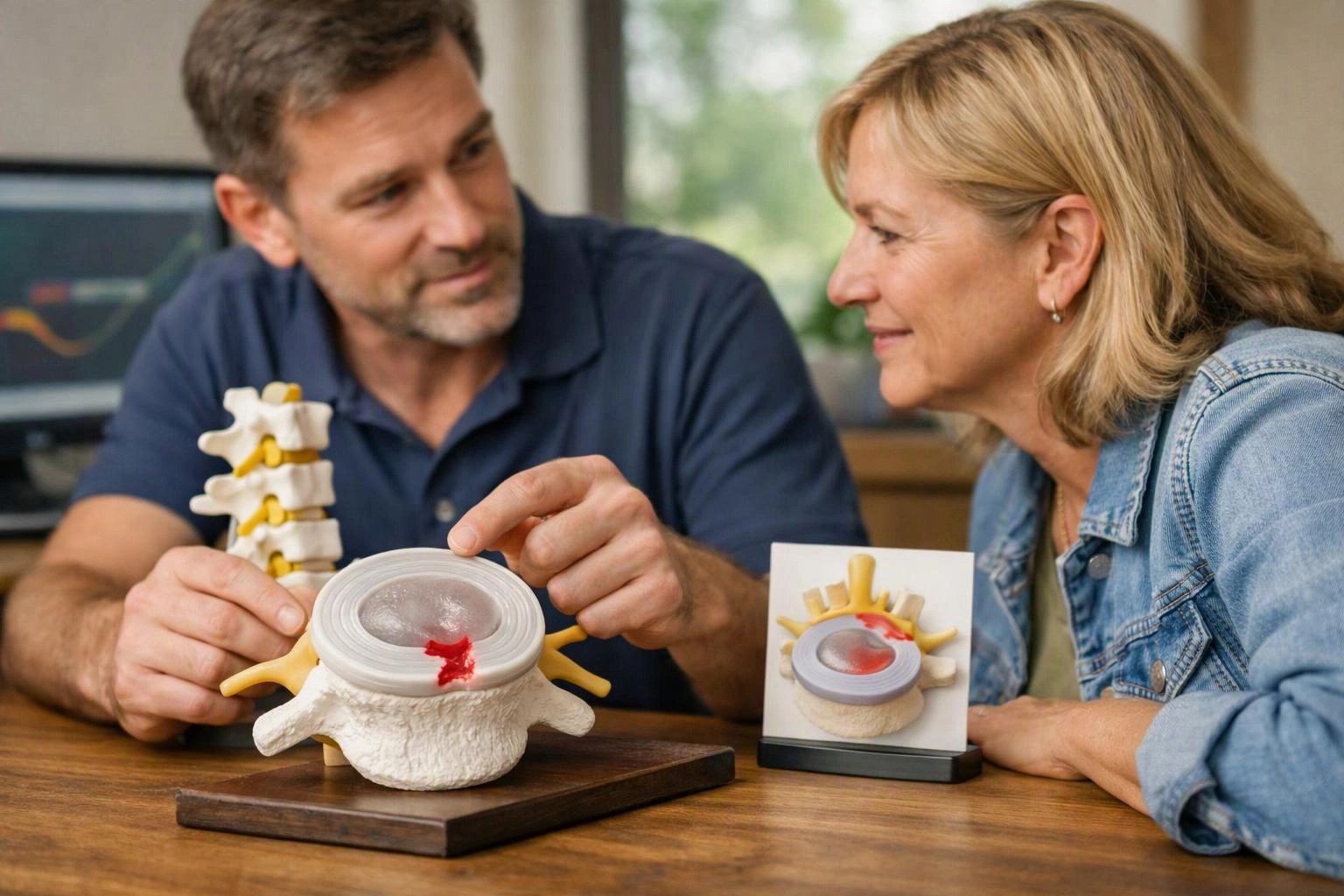 A man points at a spine model while a woman looks on beside a desk in a bright room