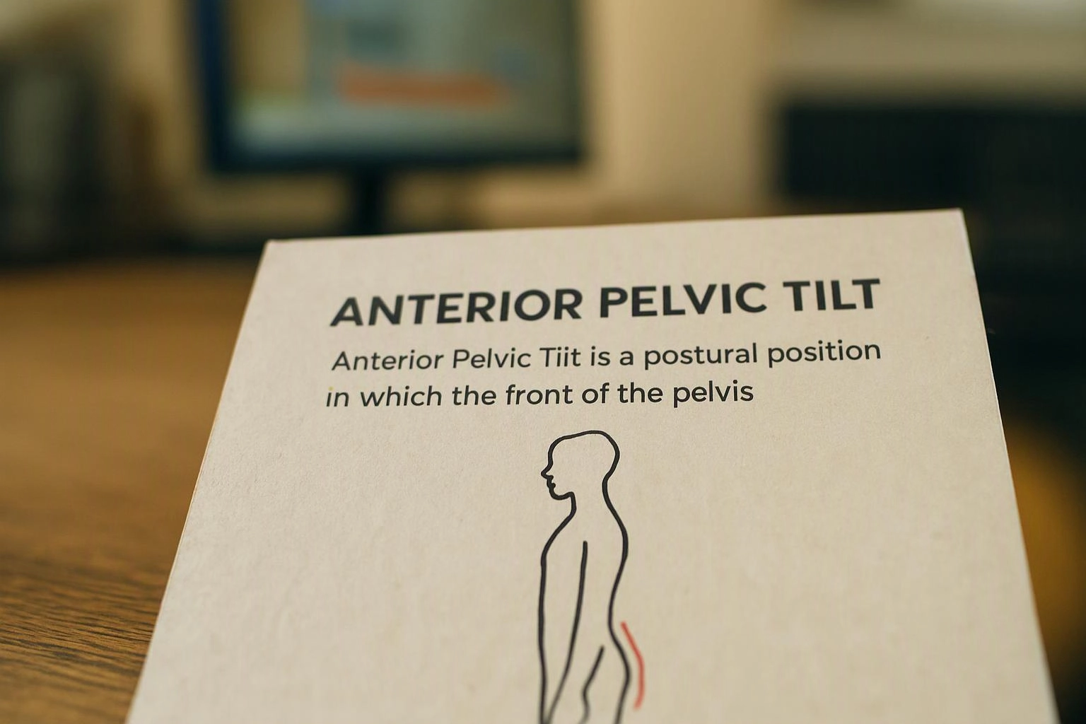 A printed card on a wooden table shows the heading "ANTERIOR PELVIC TILT" with a simple body outline diagram
