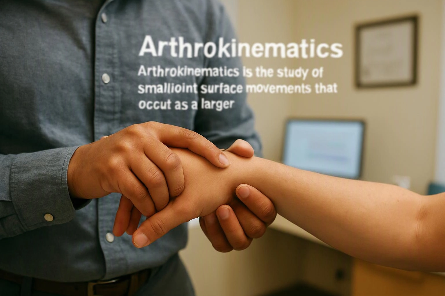 A clinician gently holds a patient’s wrist in an exam room, with “Arthrokinematics” text overlaid on the image