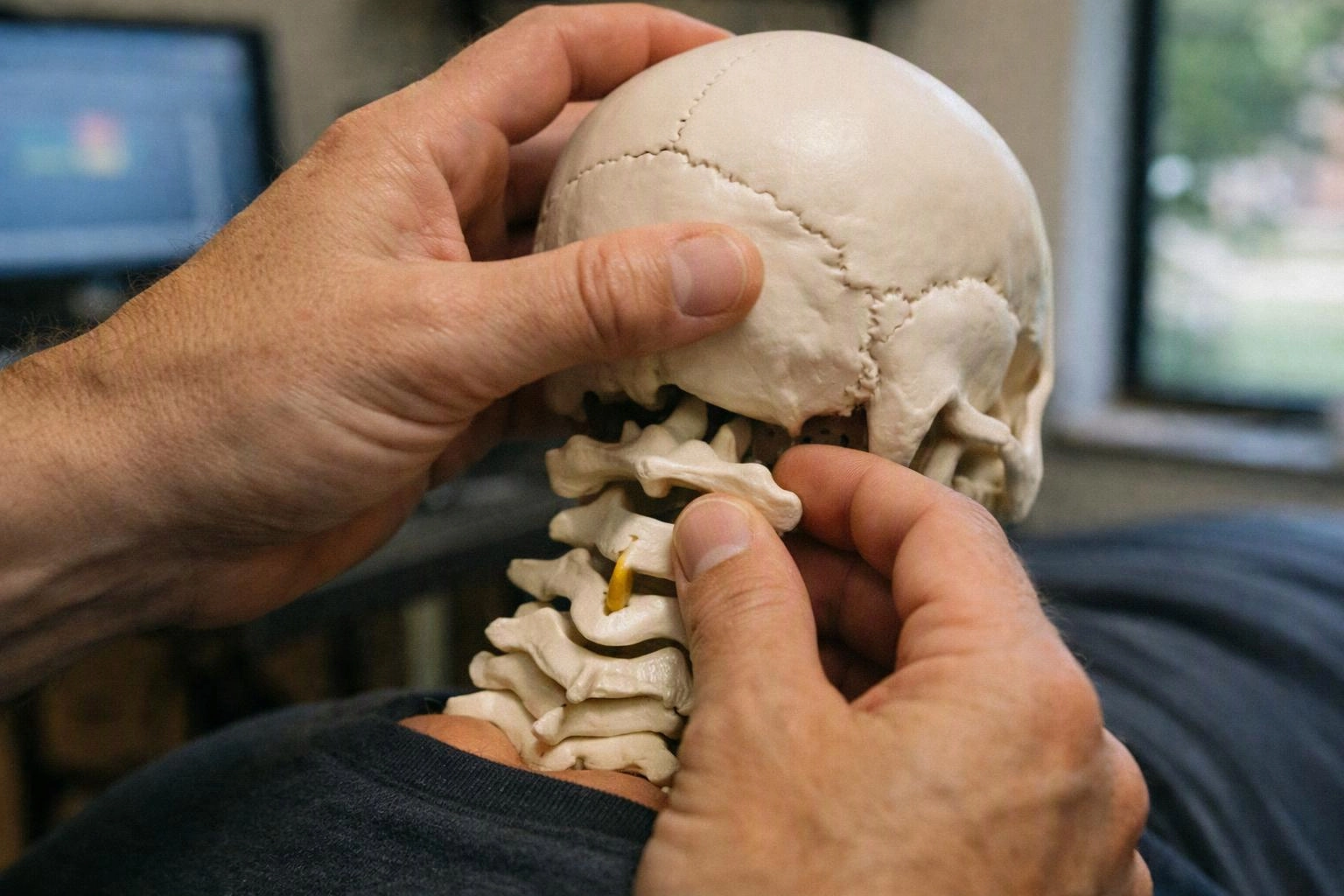 Hands adjust a plastic skull model and neck vertebrae in a blurred indoor room