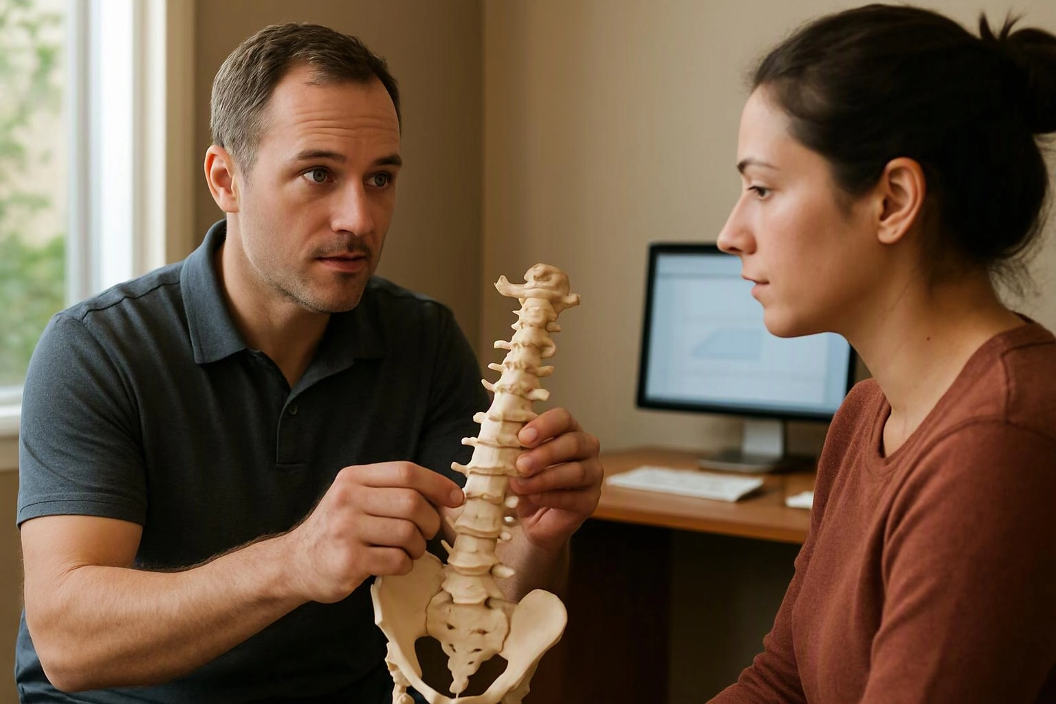 A man explains a spine model to a woman in a small office with a computer behind them