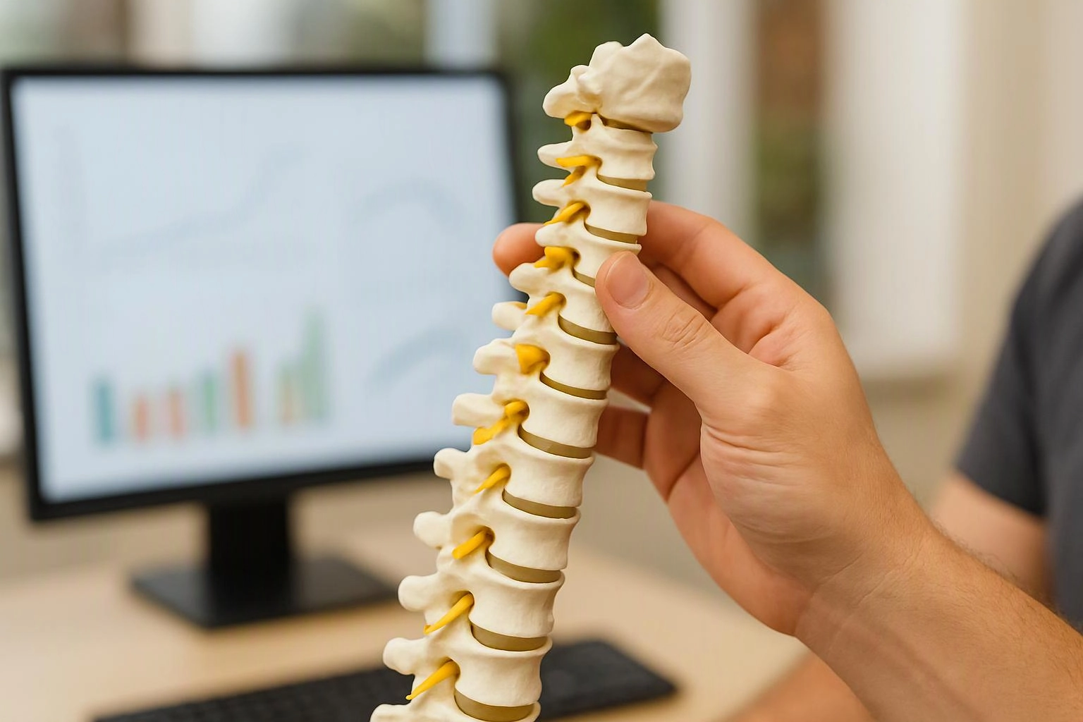 A hand holds a small spine model in front of a blurred computer monitor displaying charts