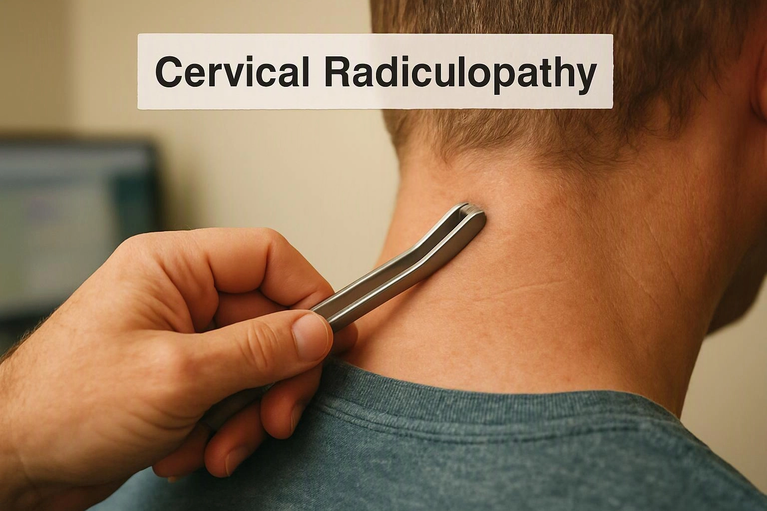A hand uses metal tweezers on the back of a man's neck, with “Cervical Radiculopathy” above