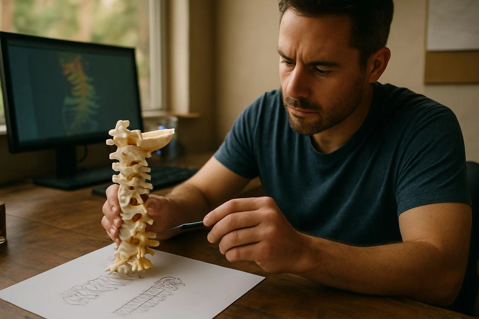 A man studies a spine model at a desk, while a computer and sketch sit beside him