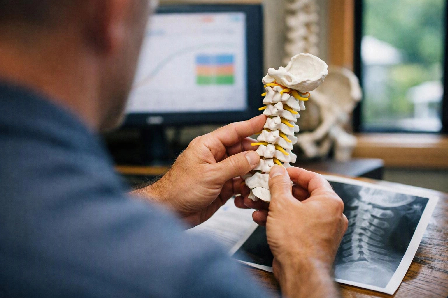 A person studies a plastic spine model at a desk beside a monitor and an X-ray printout