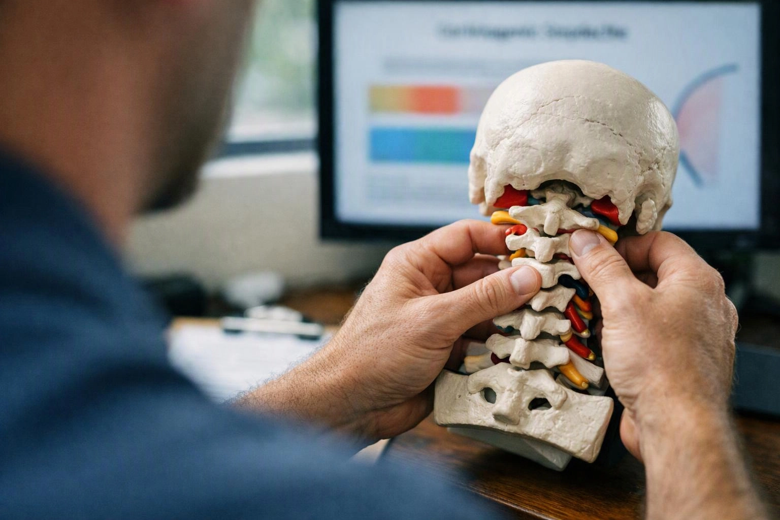 A person holds a spine-and-skull anatomy model in front of a blurred computer screen