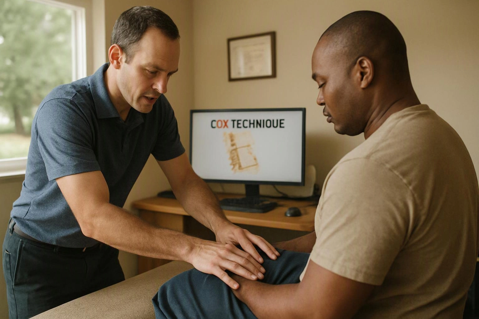 Two men lean over a seated man’s leg in a small office, with a computer screen glowing behind them