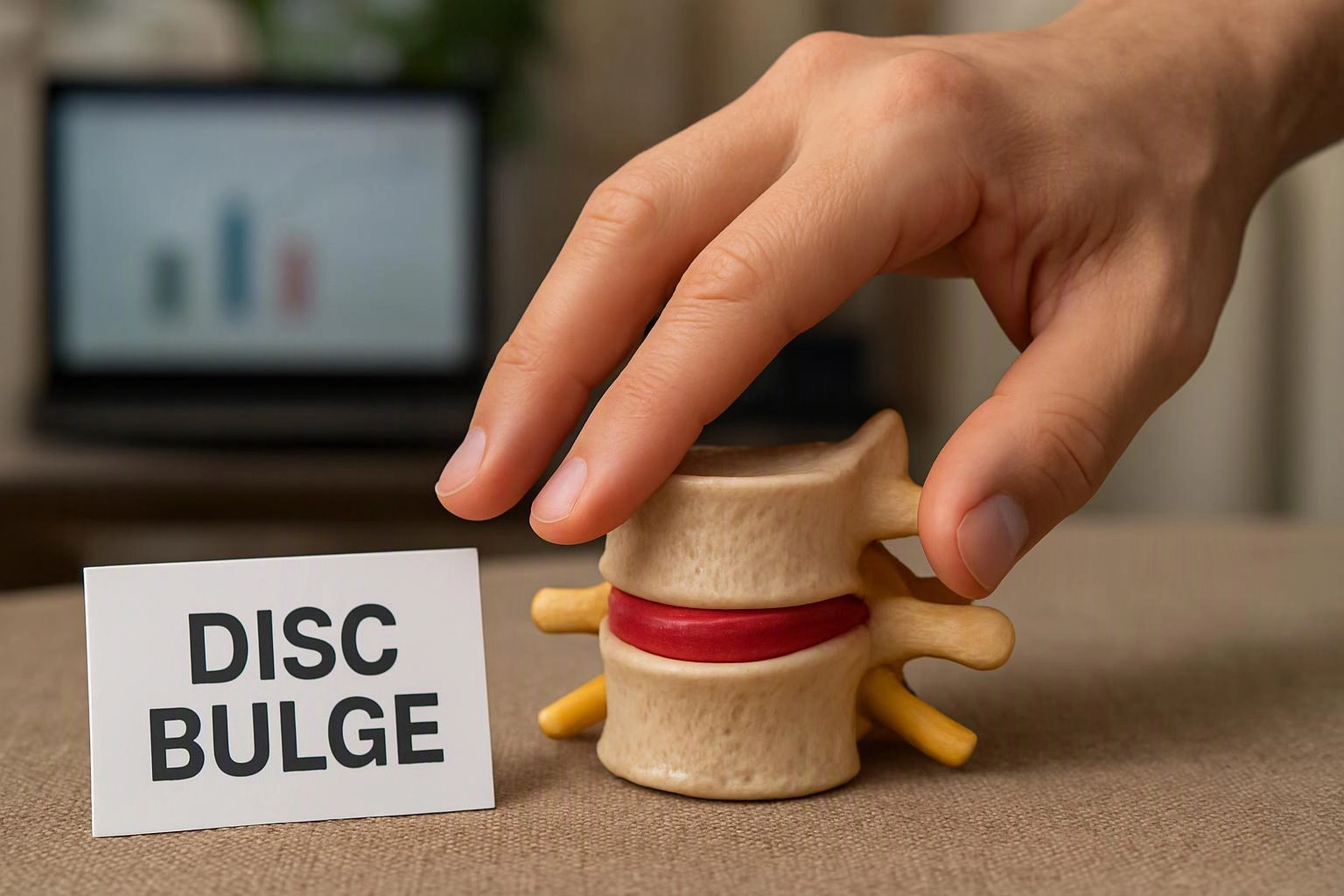 A hand touches a small spine model beside a card reading “DISC BULGE”
