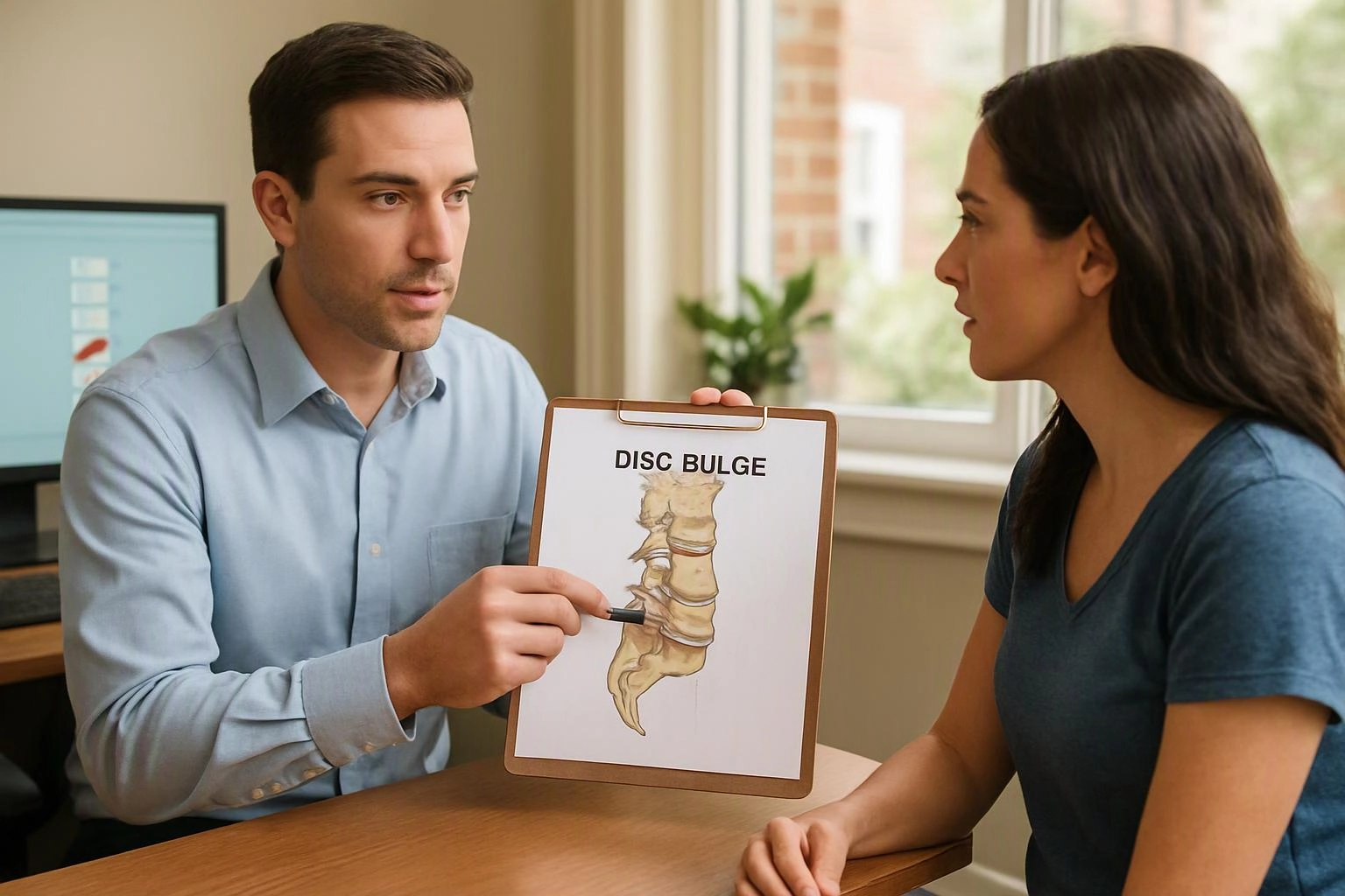A man shows a spine diagram labeled "DISC BULGE" to a woman at a desk